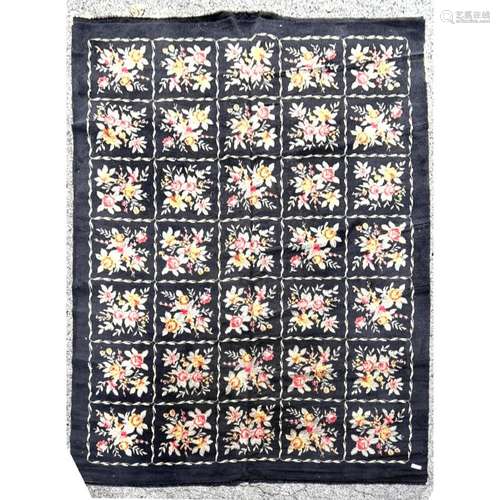 7 11 X 10 8 BLACK FLORAL HOOK RUG STYLE CARPET. MACHINE MADE...