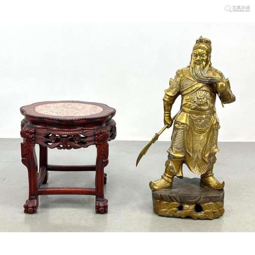 2PC ASIAN. BRASS ASIAN WARRIOR. CARVED WOOD ASIAN SIDE TABLE...