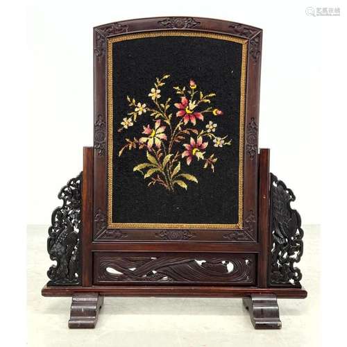 ANTIQUE CARVED ASIAN TABLE SCREEN. LOVELY NATURALIST CARVING...