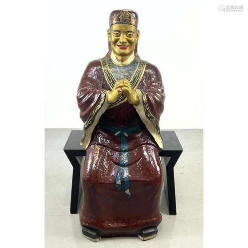 LARGE CARVED WOOD POLYCHROME PAINTED ASIAN PRAYING FIGURE. S...