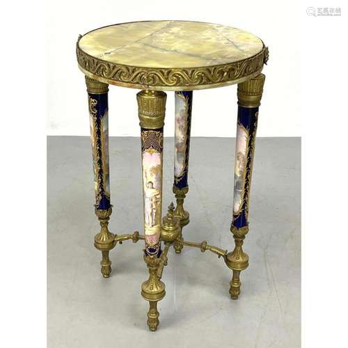 HAND PAINTED PORCELAIN AND ONYX TABOURET TABLE. SEVRES TYPE....