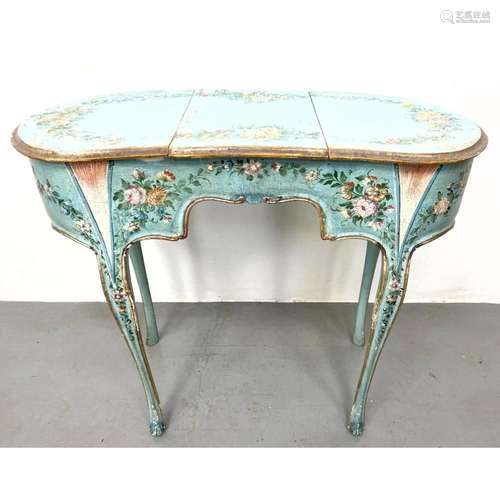 PAINTED FLORAL KIDNEY SHAPED LADY S VANITY. ELEGANT CABRIOLE...