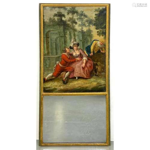 VINTAGE TRUMEAU MIRROR. COURTING SCENE. HAND PAINTED COURTIN...