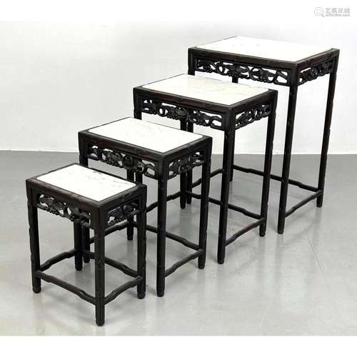 SET 4 MARBLE TOP CARVED ASIAN NESTING TABLES. MARKED MADE IN...