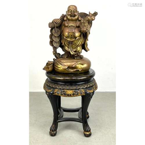 BRASS HAPPY BUDDHA SCULPTURE. EBONIZED GILT TRIMMED CARVED W...