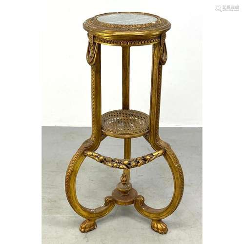 FRENCH STYLE MARBLE TOP PEDESTAL. ORNATE GESSOED CARVED WOOD...