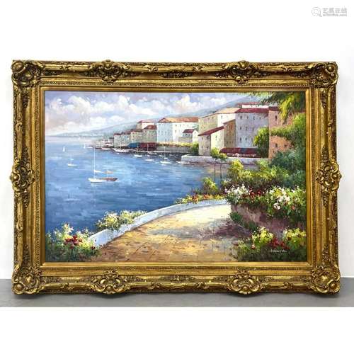 LARGE OVERSIZED OIL PAINTING ON CANVAS. SEASIDE VILLAGE. ORN...