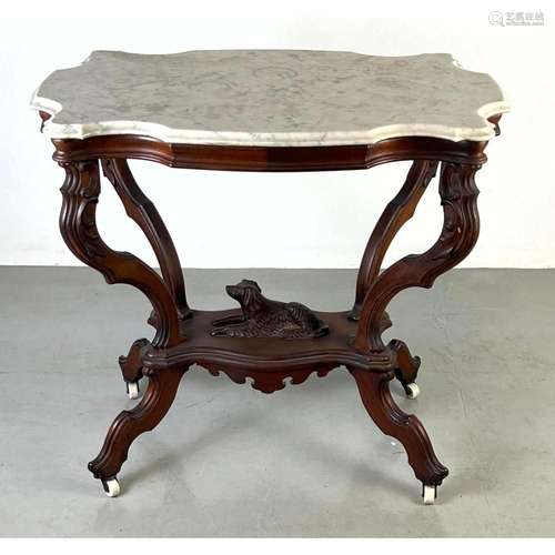 VICTORIAN DOG MARBLE TOP TURTLE BACK TABLE. BOTTOM LEVEL WIT...