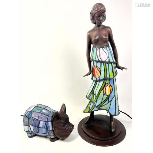 2PC STAINED GLASS FIGURAL LAMPS. 1) LADY WITH FLORAL STAINED...