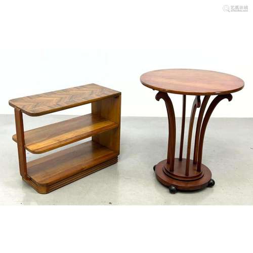 2PC ART DECO STYLE VINTAGE WOOD TABLES. 1). THREE TIER TABLE...