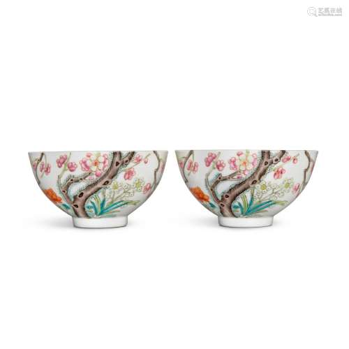 A pair of famille-rose 'prunus' bowls, Late Qing dyn...