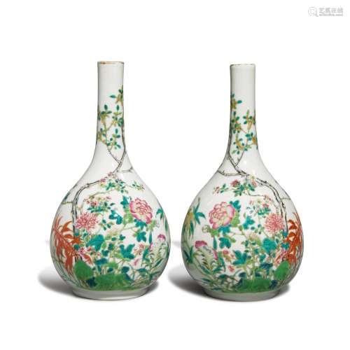 A pair of famille-rose 'floral' bottle vases, Late Q...