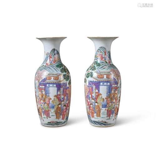 A pair of large famille-rose 'figural' vases, Qing d...