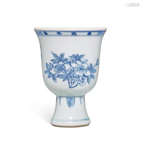 A blue and white 'floral' stem cup, Mark and period ...