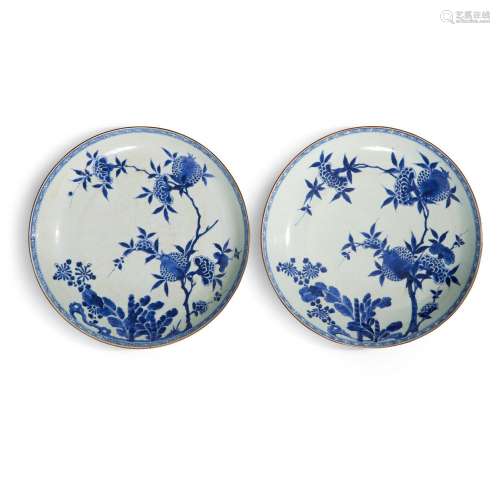 A pair of blue and white 'pomegranate' chargers, Qin...
