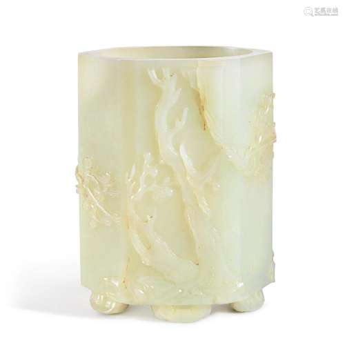 A white jade 'floral' hexagonal brushpot, 19th / 20t...