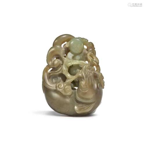A celadon jade 'boy and mythical beast' group, Qing ...