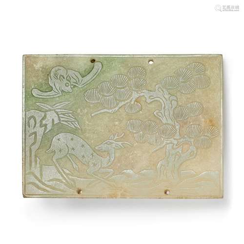 A carved jadeite 'deer and bat' belt buckle, 19th / ...