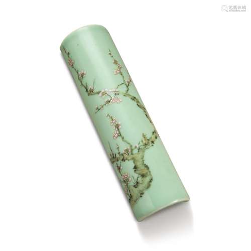 A celadon-ground famille-rose 'prunus' wrist rest, L...