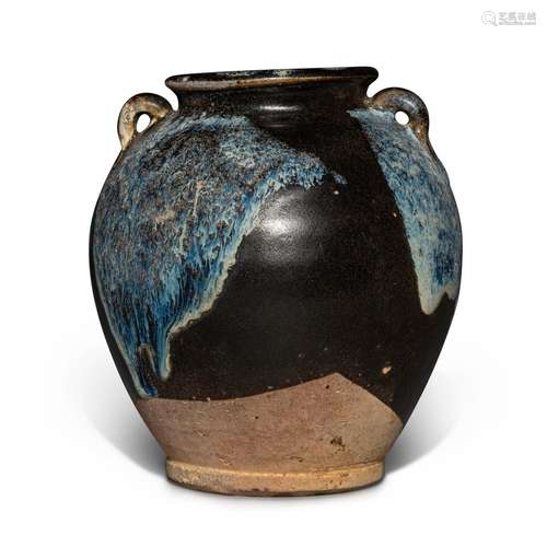 A phosphatic-splashed handled jar, Tang dynasty | 唐 黑釉藍斑...