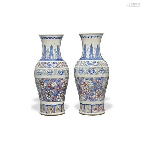 A pair of large copper-red and underglaze-blue 'peony...