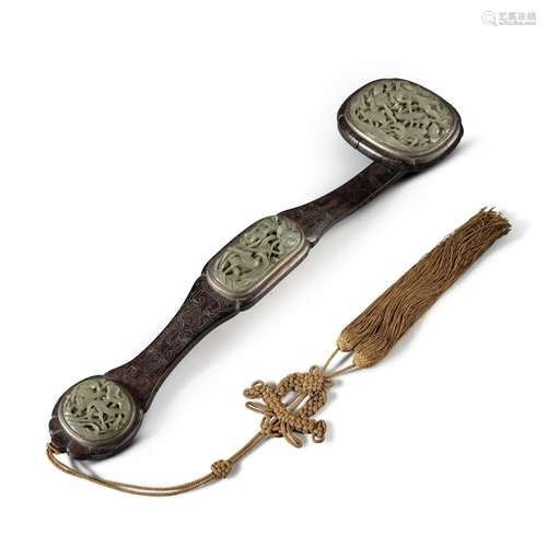 A jade-inset silver-inlaid wood ruyi scepter, Qing dynasty, ...