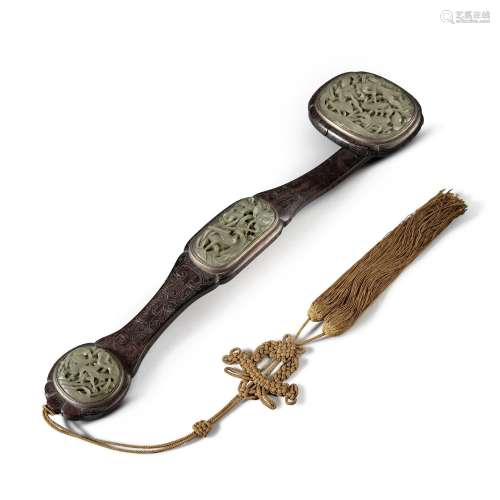 A jade-inset silver-inlaid wood ruyi scepter, Qing dynasty, ...
