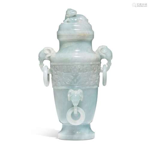 An archaistic jadeite 'taotie' handled vase and cove...