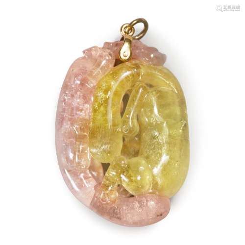 A pale pink and green tourmaline 'badgers' pendant, ...