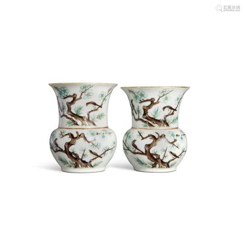 A pair of inscribed famille-rose 'prunus' zhadou, 19...