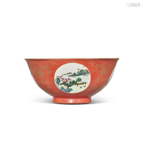 A coral-ground famille-rose 'medallion' bowl, 19th /...