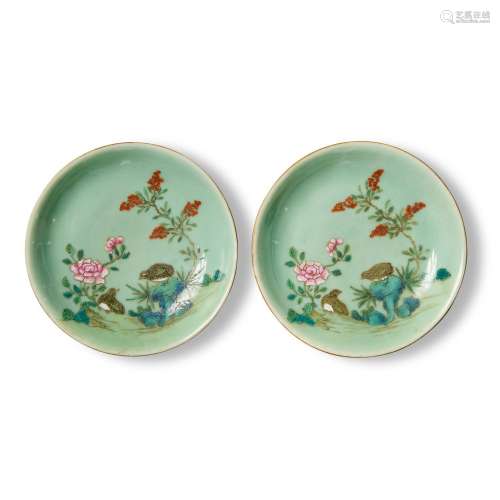A pair of small celadon-ground famille-rose 'quail and f...