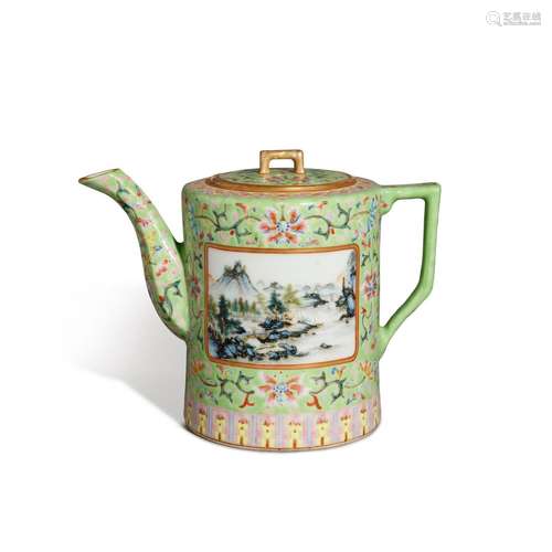 A lime-green-ground famille-rose 'landscape' teapot ...