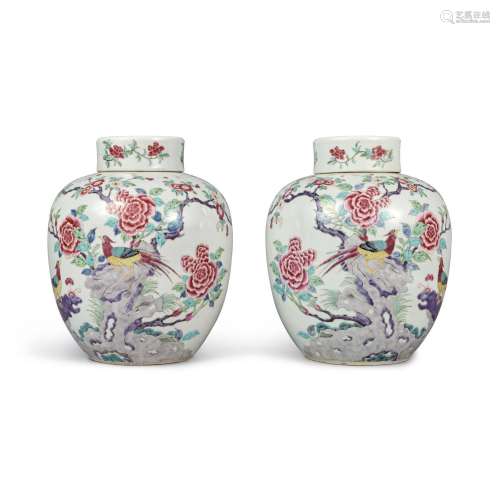 A pair of famille-rose 'pheasants and peonies' jars ...