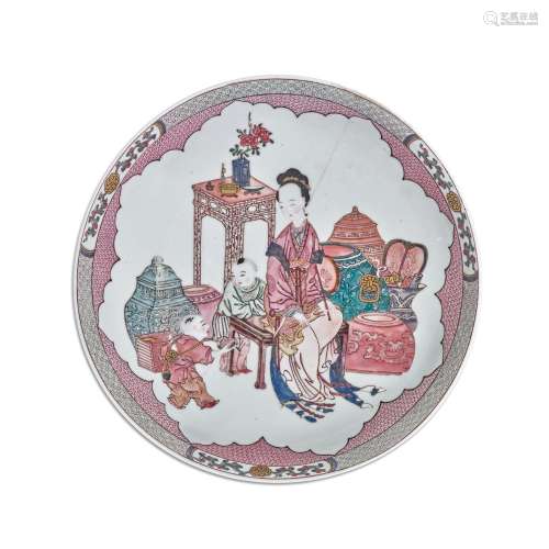A famille-rose ruby-back 'lady and boys' dish, 20th ...