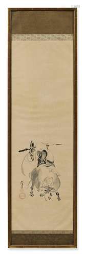 Painting of hotei on an ox, ink on paper, hanging scroll, fr...