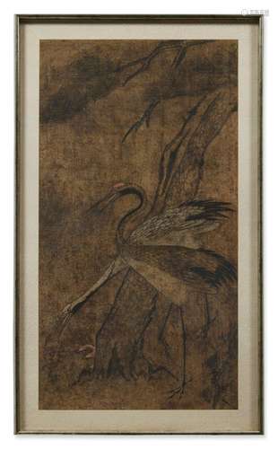 A Korean painting of a crane, ink and color on paper, framed...