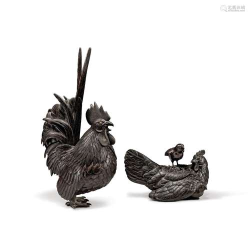 A set of Japanese dark bronze 'rooster and hen' '...