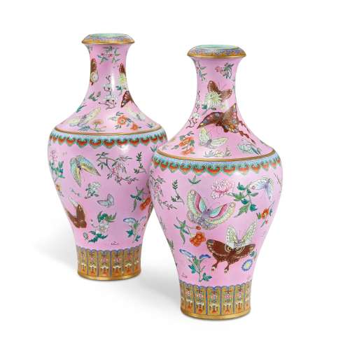 A magnificent pair of yangcai 'butterfly' vases, Seal marks ...