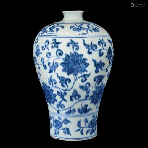 A fine and very rare blue and white 'lotus scroll' vase, mei...