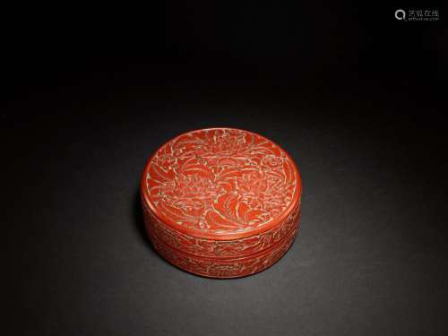 A finely carved cinnabar lacquer 'peony' box and cover, Mark...
