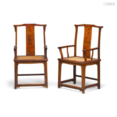 A rare pair of huanghuali yokeback armchairs, Late Ming dyna...