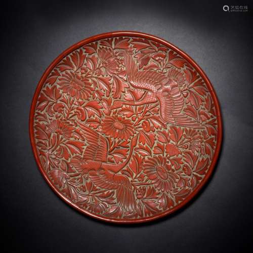 A rare carved cinnabar lacquer 'bird and flower' tray, Yuan ...