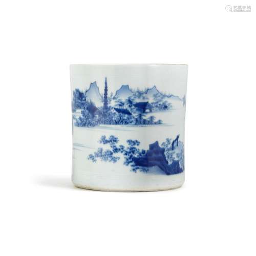 A blue and white 'landscape' brushpot, Transitional period |...