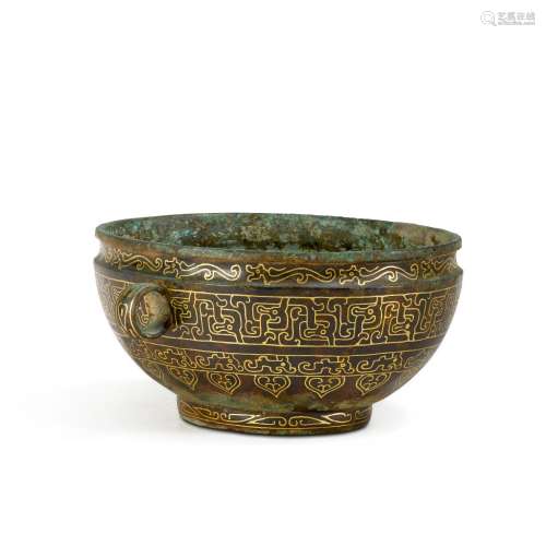 A gold-inlaid bronze oval handled vessel, Eastern Zhou dynas...