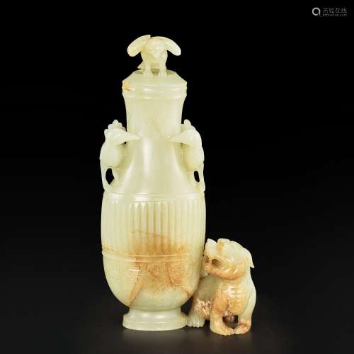 A white and russet jade 'bird and mythical beast' vase and c...