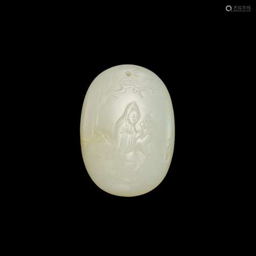 An inscribed white jade 'guanyin' pebble, Qing dynasty, 18th...