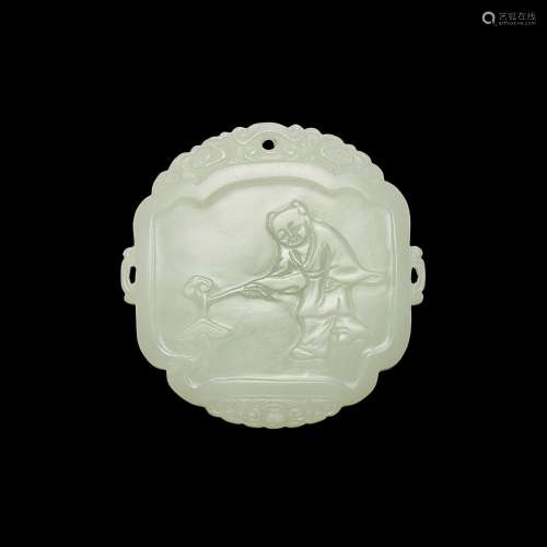 An inscribed white jade 'boy' plaque, Qing dynasty, 18th cen...