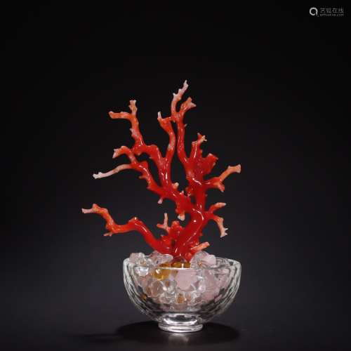 红珊瑚随形树枝盆景摆件