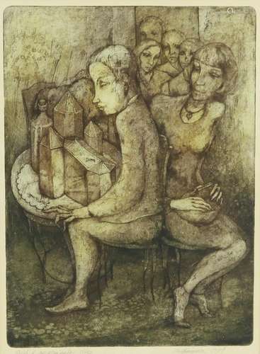 Onbekend, figuren in kamer, litho